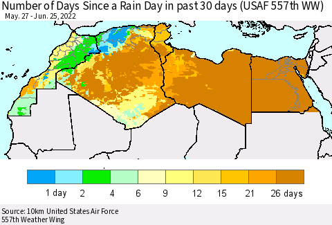 North Africa Number of Days Since a Rain Day in past 30 days (USAF 557th WW) Thematic Map For 6/21/2022 - 6/25/2022