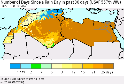 North Africa Number of Days Since a Rain Day in past 30 days (USAF 557th WW) Thematic Map For 6/26/2022 - 6/30/2022