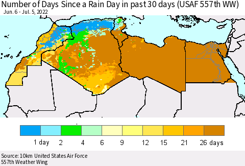North Africa Number of Days Since a Rain Day in past 30 days (USAF 557th WW) Thematic Map For 7/1/2022 - 7/5/2022