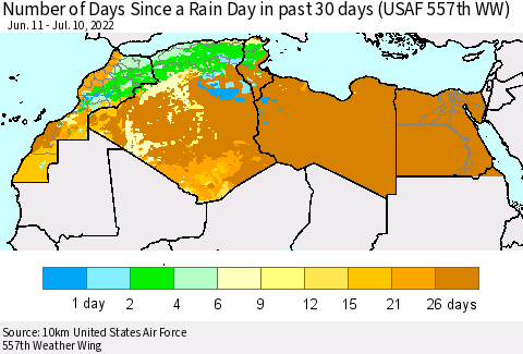 North Africa Number of Days Since a Rain Day in past 30 days (USAF 557th WW) Thematic Map For 7/6/2022 - 7/10/2022