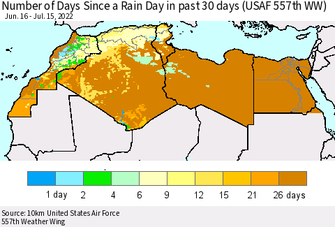 North Africa Number of Days Since a Rain Day in past 30 days (USAF 557th WW) Thematic Map For 7/11/2022 - 7/15/2022