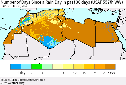 North Africa Number of Days Since a Rain Day in past 30 days (USAF 557th WW) Thematic Map For 7/16/2022 - 7/20/2022