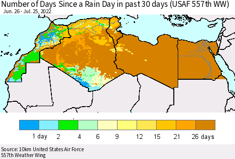 North Africa Number of Days Since a Rain Day in past 30 days (USAF 557th WW) Thematic Map For 7/21/2022 - 7/25/2022
