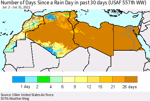 North Africa Number of Days Since a Rain Day in past 30 days (USAF 557th WW) Thematic Map For 7/26/2022 - 7/31/2022