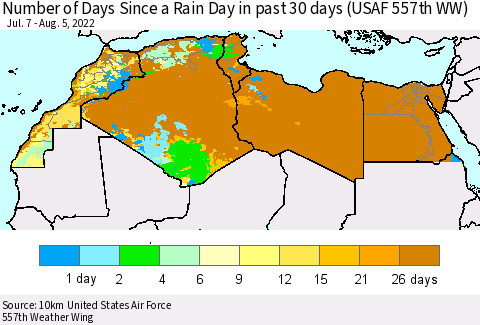 North Africa Number of Days Since a Rain Day in past 30 days (USAF 557th WW) Thematic Map For 8/1/2022 - 8/5/2022