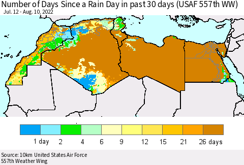 North Africa Number of Days Since a Rain Day in past 30 days (USAF 557th WW) Thematic Map For 8/6/2022 - 8/10/2022