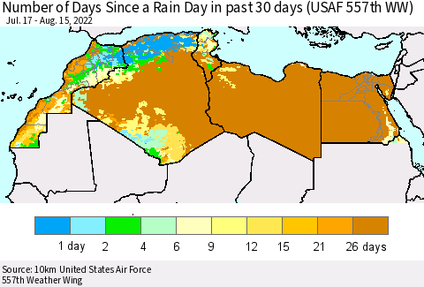 North Africa Number of Days Since a Rain Day in past 30 days (USAF 557th WW) Thematic Map For 8/11/2022 - 8/15/2022