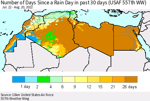 North Africa Number of Days Since a Rain Day in past 30 days (USAF 557th WW) Thematic Map For 8/16/2022 - 8/20/2022