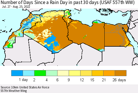 North Africa Number of Days Since a Rain Day in past 30 days (USAF 557th WW) Thematic Map For 8/21/2022 - 8/25/2022