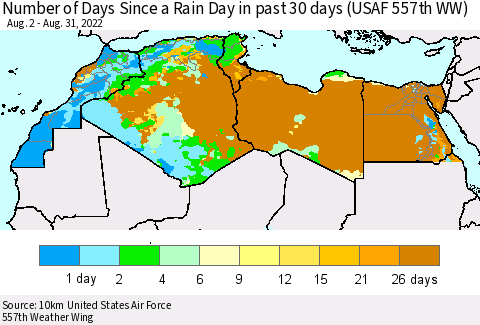 North Africa Number of Days Since a Rain Day in past 30 days (USAF 557th WW) Thematic Map For 8/26/2022 - 8/31/2022