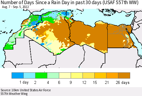 North Africa Number of Days Since a Rain Day in past 30 days (USAF 557th WW) Thematic Map For 9/1/2022 - 9/5/2022
