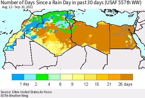 North Africa Number of Days Since a Rain Day in past 30 days (USAF 557th WW) Thematic Map For 9/6/2022 - 9/10/2022