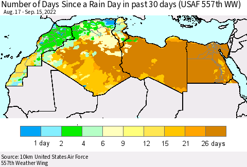 North Africa Number of Days Since a Rain Day in past 30 days (USAF 557th WW) Thematic Map For 9/11/2022 - 9/15/2022