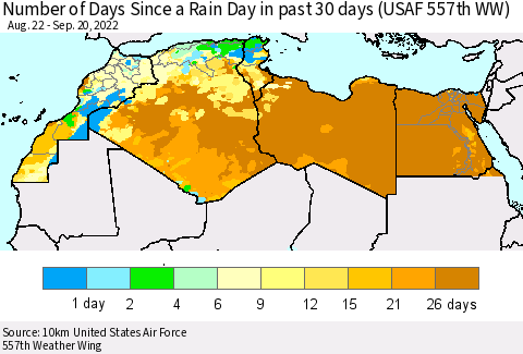 North Africa Number of Days Since a Rain Day in past 30 days (USAF 557th WW) Thematic Map For 9/16/2022 - 9/20/2022