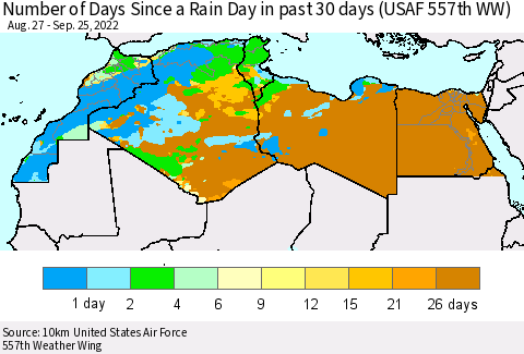North Africa Number of Days Since a Rain Day in past 30 days (USAF 557th WW) Thematic Map For 9/21/2022 - 9/25/2022