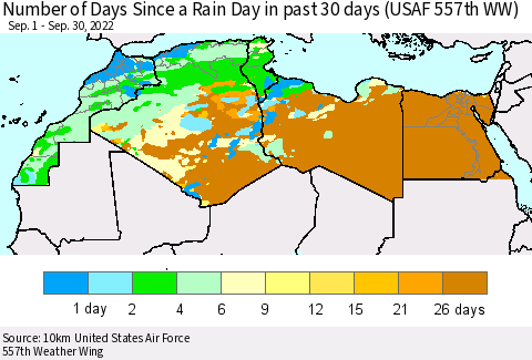 North Africa Number of Days Since a Rain Day in past 30 days (USAF 557th WW) Thematic Map For 9/26/2022 - 9/30/2022