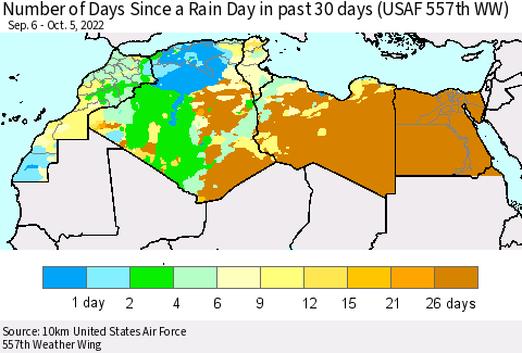 North Africa Number of Days Since a Rain Day in past 30 days (USAF 557th WW) Thematic Map For 10/1/2022 - 10/5/2022