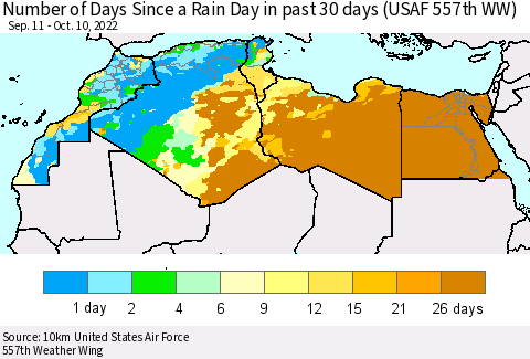 North Africa Number of Days Since a Rain Day in past 30 days (USAF 557th WW) Thematic Map For 10/6/2022 - 10/10/2022