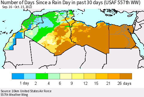 North Africa Number of Days Since a Rain Day in past 30 days (USAF 557th WW) Thematic Map For 10/11/2022 - 10/15/2022