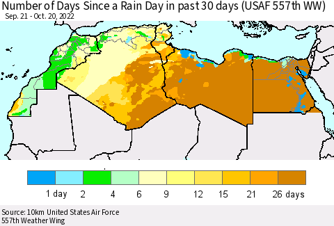North Africa Number of Days Since a Rain Day in past 30 days (USAF 557th WW) Thematic Map For 10/16/2022 - 10/20/2022