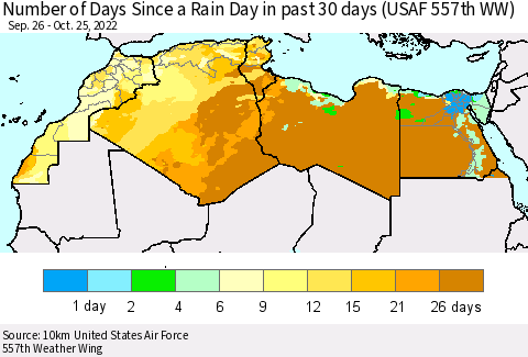 North Africa Number of Days Since a Rain Day in past 30 days (USAF 557th WW) Thematic Map For 10/21/2022 - 10/25/2022
