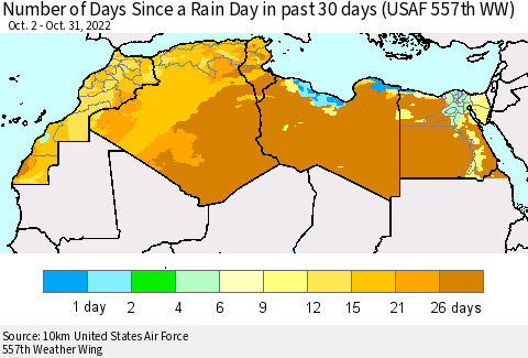 North Africa Number of Days Since a Rain Day in past 30 days (USAF 557th WW) Thematic Map For 10/26/2022 - 10/31/2022