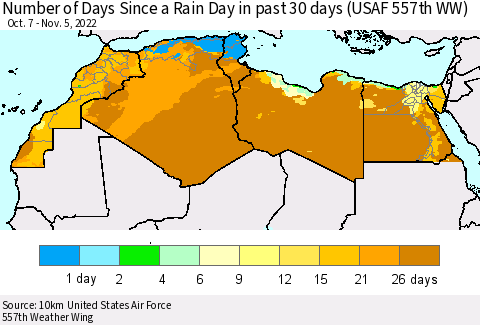 North Africa Number of Days Since a Rain Day in past 30 days (USAF 557th WW) Thematic Map For 11/1/2022 - 11/5/2022