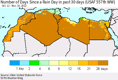North Africa Number of Days Since a Rain Day in past 30 days (USAF 557th WW) Thematic Map For 11/6/2022 - 11/10/2022
