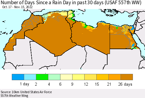 North Africa Number of Days Since a Rain Day in past 30 days (USAF 557th WW) Thematic Map For 11/11/2022 - 11/15/2022