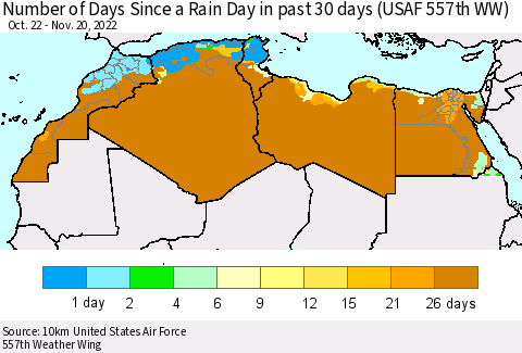 North Africa Number of Days Since a Rain Day in past 30 days (USAF 557th WW) Thematic Map For 11/16/2022 - 11/20/2022
