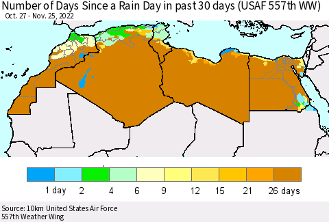 North Africa Number of Days Since a Rain Day in past 30 days (USAF 557th WW) Thematic Map For 11/21/2022 - 11/25/2022