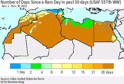 North Africa Number of Days Since a Rain Day in past 30 days (USAF 557th WW) Thematic Map For 11/26/2022 - 11/30/2022