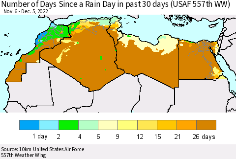 North Africa Number of Days Since a Rain Day in past 30 days (USAF 557th WW) Thematic Map For 12/1/2022 - 12/5/2022