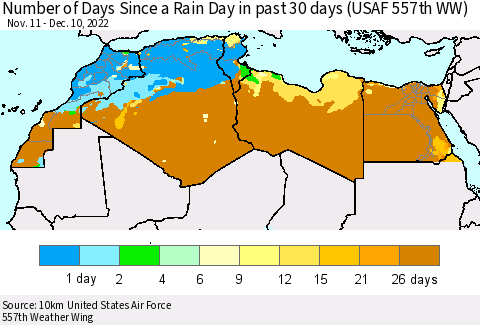 North Africa Number of Days Since a Rain Day in past 30 days (USAF 557th WW) Thematic Map For 12/6/2022 - 12/10/2022