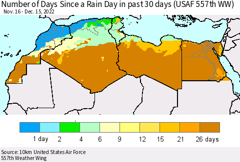 North Africa Number of Days Since a Rain Day in past 30 days (USAF 557th WW) Thematic Map For 12/11/2022 - 12/15/2022