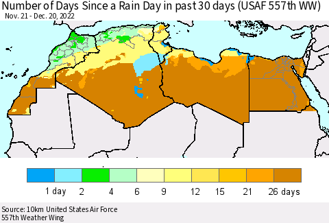 North Africa Number of Days Since a Rain Day in past 30 days (USAF 557th WW) Thematic Map For 12/16/2022 - 12/20/2022