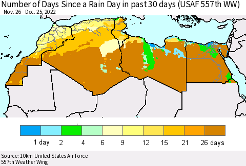 North Africa Number of Days Since a Rain Day in past 30 days (USAF 557th WW) Thematic Map For 12/21/2022 - 12/25/2022