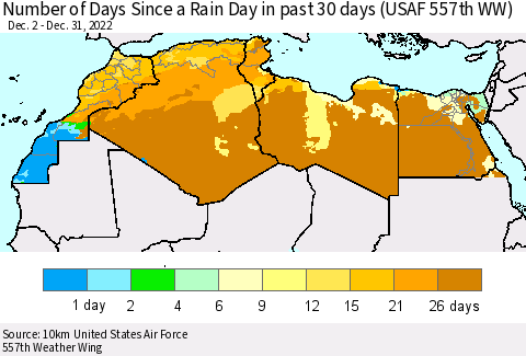 North Africa Number of Days Since a Rain Day in past 30 days (USAF 557th WW) Thematic Map For 12/26/2022 - 12/31/2022