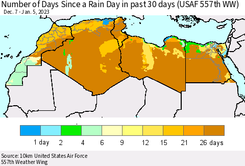 North Africa Number of Days Since a Rain Day in past 30 days (USAF 557th WW) Thematic Map For 1/1/2023 - 1/5/2023