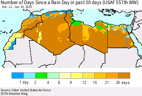 North Africa Number of Days Since a Rain Day in past 30 days (USAF 557th WW) Thematic Map For 1/6/2023 - 1/10/2023