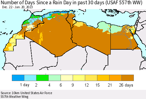 North Africa Number of Days Since a Rain Day in past 30 days (USAF 557th WW) Thematic Map For 1/16/2023 - 1/20/2023