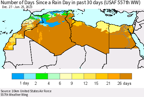 North Africa Number of Days Since a Rain Day in past 30 days (USAF 557th WW) Thematic Map For 1/21/2023 - 1/25/2023