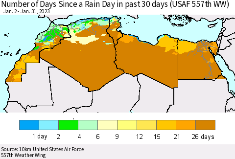 North Africa Number of Days Since a Rain Day in past 30 days (USAF 557th WW) Thematic Map For 1/26/2023 - 1/31/2023