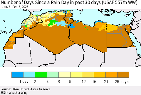North Africa Number of Days Since a Rain Day in past 30 days (USAF 557th WW) Thematic Map For 2/1/2023 - 2/5/2023