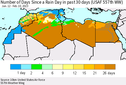 North Africa Number of Days Since a Rain Day in past 30 days (USAF 557th WW) Thematic Map For 2/6/2023 - 2/10/2023
