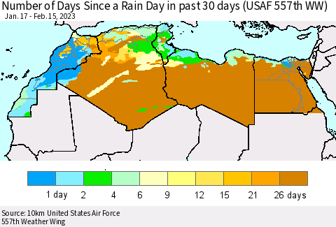 North Africa Number of Days Since a Rain Day in past 30 days (USAF 557th WW) Thematic Map For 2/11/2023 - 2/15/2023