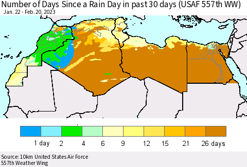 North Africa Number of Days Since a Rain Day in past 30 days (USAF 557th WW) Thematic Map For 2/16/2023 - 2/20/2023