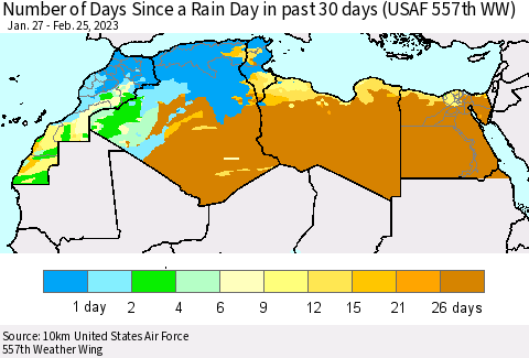 North Africa Number of Days Since a Rain Day in past 30 days (USAF 557th WW) Thematic Map For 2/21/2023 - 2/25/2023