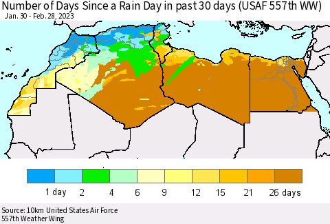 North Africa Number of Days Since a Rain Day in past 30 days (USAF 557th WW) Thematic Map For 2/26/2023 - 2/28/2023
