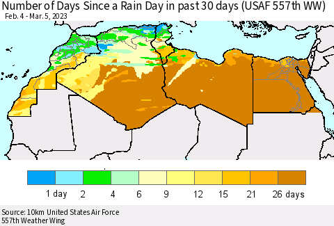 North Africa Number of Days Since a Rain Day in past 30 days (USAF 557th WW) Thematic Map For 3/1/2023 - 3/5/2023